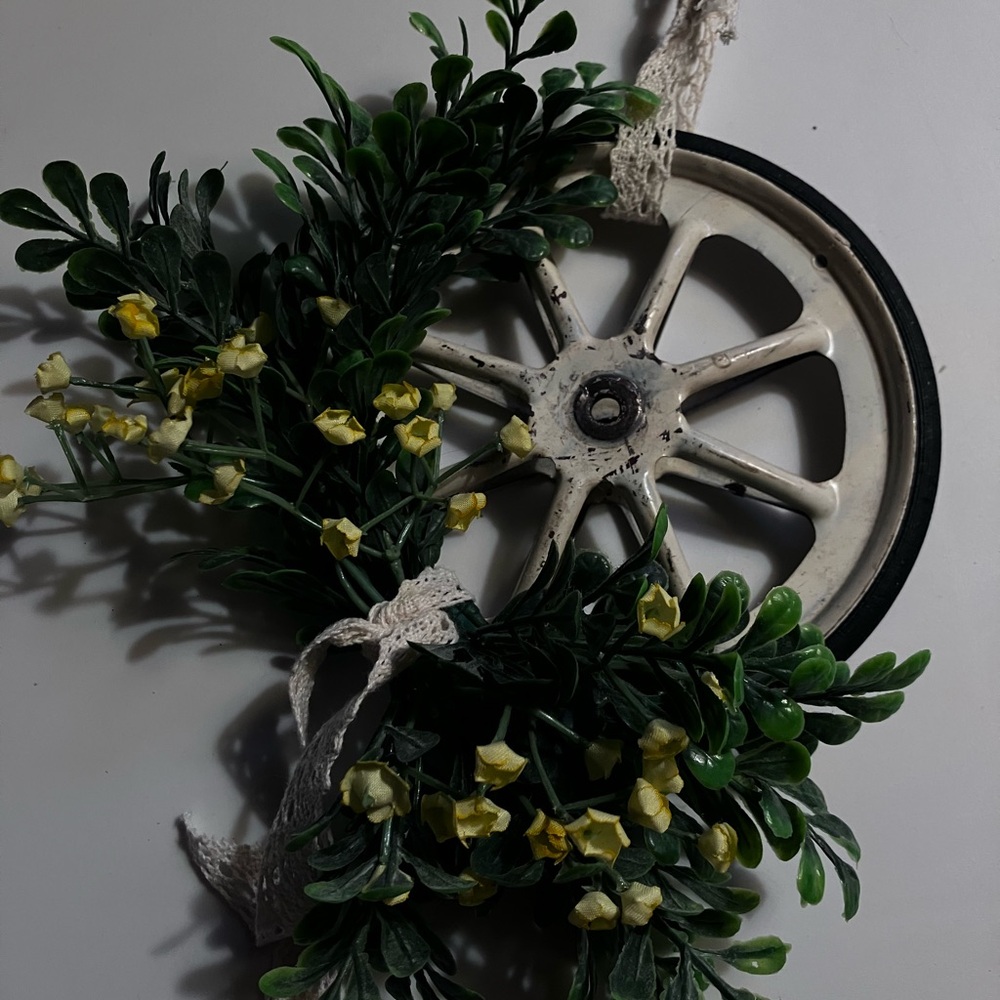 Rustic Wheel Wall Decor with Greenery and Yellow Accents 6” around